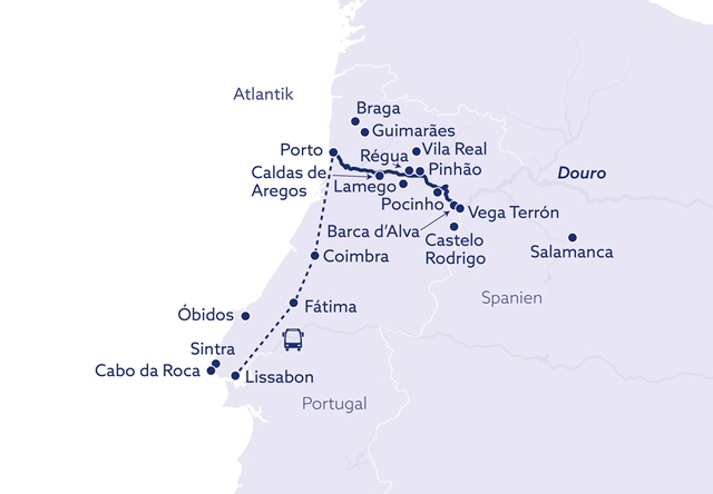 Flusskreuzfahrt Douro mit Lissabon Routenkarte Routenkarte zur Flusskreuzfahrt auf dem Douro